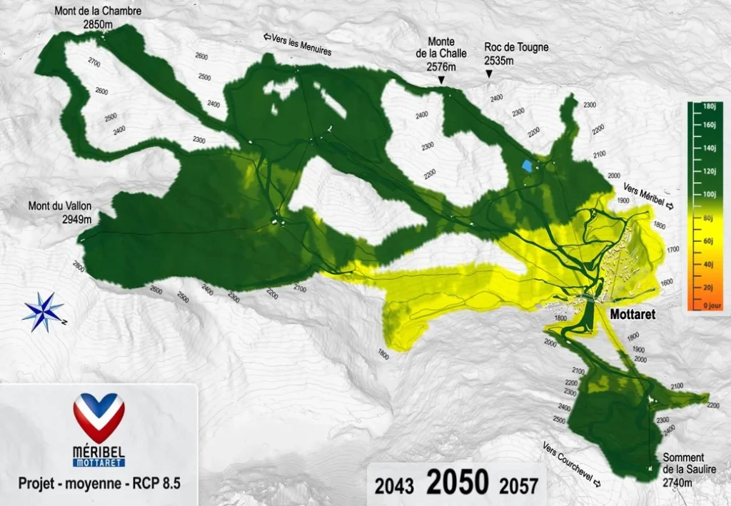 Mottaret - Nombre de jours moyen avec un enneigement suffisant pour permettre la pratique du ski avec le scénario le plus défavorable (RCP 8.5) en 2050