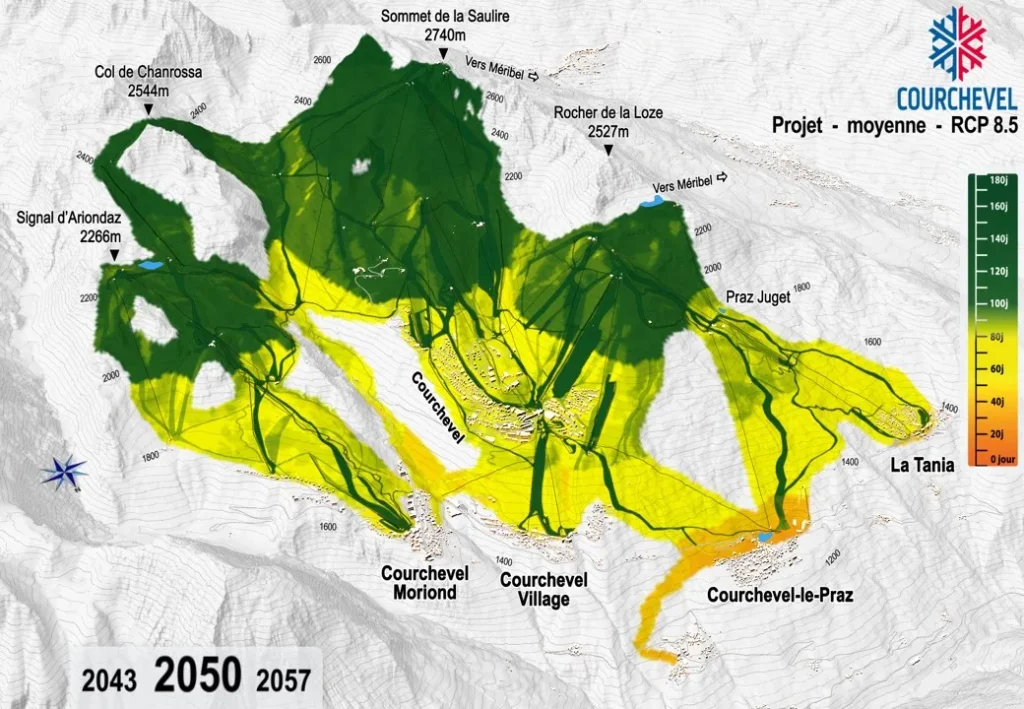 Courchevel - Nombre de jours moyen avec un enneigement suffisant pour permettre la pratique du ski avec le scénario le plus défavorable (RCP 8.5) en 2050